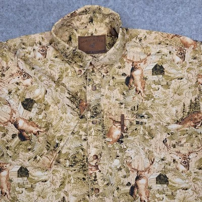 Camisa North River Abotonada Para Hombres L Beige Caza Buck Ciervo Gráfico Madera AOP Foto 1 de 4
