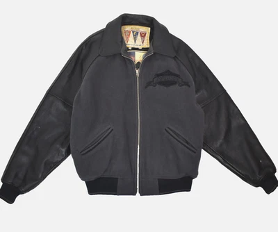 Vintage AVIREX Gray Letterman Jacket LT L Tall Wool/Leather Black 90s Varsity - Image 1 of 4