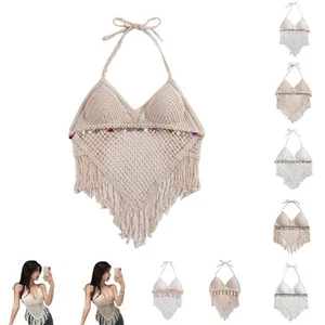 Lightweight Knitted Beach Camisoles for Women Bohemian Style with Tassels - Picture 1 of 50