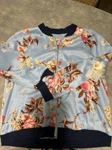 Belle Sky Floral Silky Jacket XL Zipper Navy Blue Light Blue Asian Look - Picture 1 of 9
