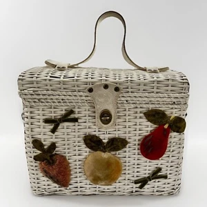 Vintage 1960s Woven Basket Bag Purse Fruit White Straw - Magid Japan - Picture 1 of 11