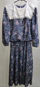Abito donna vintage Lisa II blu floreale plissettato con colletto maniche a 3/4 10 - Foto 1 di 10