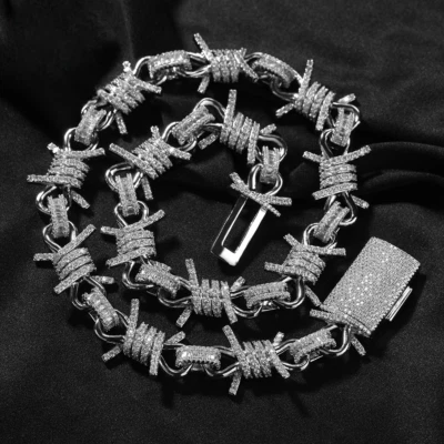 19MM 5AAA+ CZ Baguette Ice Out Hop Hip Large Barbed Wire Chain Real Gold Plated - Image 1 of 4