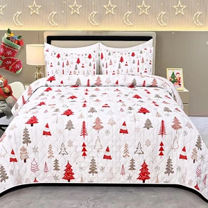 Christmas Quilt Queen Size 3 Pieces Christmas Tree Quilt Sets - Ultrasonic Quilt - Picture 1 of 12