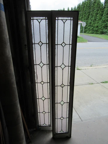 ~ PAIR ANTIQUE STAINED GLASS SIDELITES TRANSOMS ~ 12 X 70 EACH ~ SALVAGE Cover
