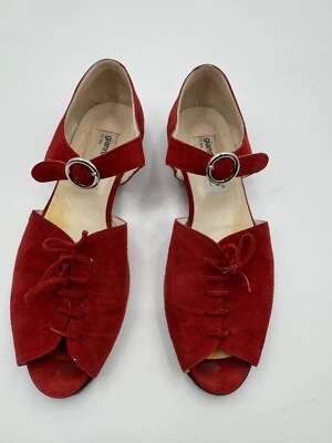 Gianni Barbota Faux Suede Flats Women's 38 Red Lace-Up Open Toe Ankle Strap - Image 1 of 4
