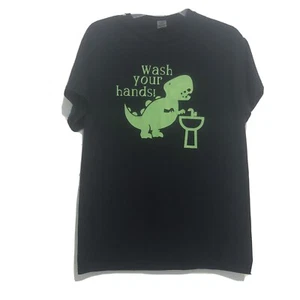 T-Rex Wash Your Hands Navy Green Shirt Gildan Tag Size Medium - Picture 1 of 12