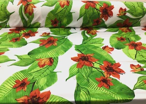 Bedruckter DTY Spandex Stretch Bekleidungsstoff orange grün tropische Blumen J312 - Bild 1 von 1