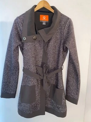Merrell Long Talley Swacket Sweater Jacket Women M Gray Fleece Lined Belt Waist - Image 1 of 4