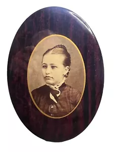 Antique 6.5 x 4.5 Celluloid Photograph Oval Tin Button Memorial Woman - Picture 1 of 3