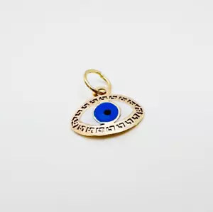 14K Solid Yellow Gold Enamel Greek Blue Evil Eye Mini Charm Pendant 11x10mm - Picture 1 of 12