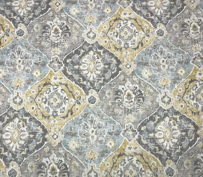 COVINGTON HATHAWAY FOG BLUE GOLD DAMASK MULTIPURPOSE FABRIC BY YARD 54"W - Image 1 of 4