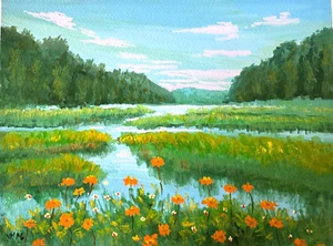 Original Landscape Painting Marsh Flowers Signed Impressionist Collectible art - Picture 1 of 2