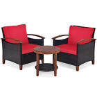Patiojoy 3PCS Patio Rattan Furniture Set Wooden Frame Cushion Table Shelf Red