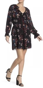 NWT Joie Nour Black Floral Tiered Ruffle Silk A-Line Short Dress Women’s Size M - Picture 1 of 5