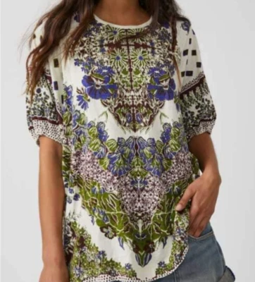 Футболка Free People Luly с цветочным рисунком XS хлопок увеличенный рукав-затяжка богемное повседневная цветная - Изображение 1 из 4