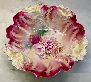 Large R S Prussia Bowl - Pink and Fuchsia Roses on Blown Flower Mold - Picture 1 of 3