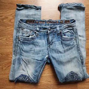 Rock Revival Jeans Phoenix Straight Mens Size 32 Distressed Patched Blue Denim - Picture 1 of 14