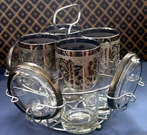 Vtg glasses barware tumbler & coaster & caddy set KIMIKO silver plate glass MCM - Picture 1 of 6
