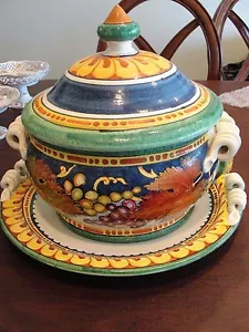LEONA ITALIAN HAND-PAINTED TUREEN W/ PLATE 15 1/2" - Picture 1 of 7