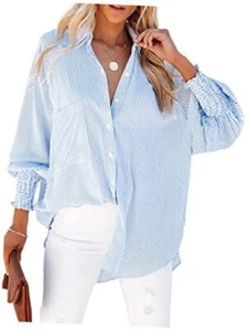 Women's Smocked Cuffed Striped Boyfriend Shirt with Pocket Casual Medium Blue - Picture 1 of 7