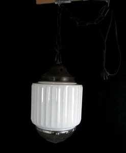Antique 1920s 15" Art Deco Milk Glass Skyscraper Ribbed Ceiling Fixture -Light - Picture 1 of 20