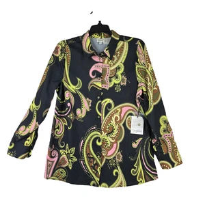 Jaclyn Smith Damen Bluse schwarz Paisley Knopfleiste Langarm Größe XS neu mit Etikett - Bild 1 von 12