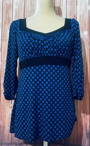 Women’s Large Blouse Maurices Blue Black Polka Dots 3/4 Sleeves Silky Stretch - Picture 1 of 11