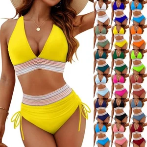 Ladies High Waist Bikini Set Strappy Padded Bra PLUS SIZE Bathing Swimsuits UK - Picture 1 of 38