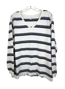 2X(20W - 22W) Lands End Long Sleeve Cotton White Navy Stripe V-Neck T-Shirt - Picture 1 of 7