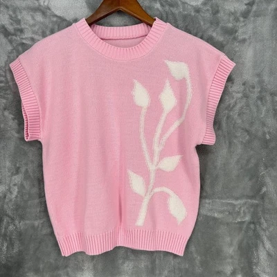 Chaleco Tejido Rosa Vintage Top Floral Patrón Hoja de Vid Sin Mangas Cuello Redondo Informal Foto 1 de 4