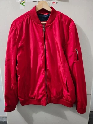 ZARA Jacket Mens XL Red Bomber Zip Satin Shell Windbreaker Lined Solid Pockets - Image 1 of 4