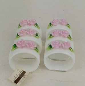 6er Set Vintage weiß Porzellan rosa Rose Serviettenringe applizierte Blumen 2,25" x 2" E - Bild 1 von 11