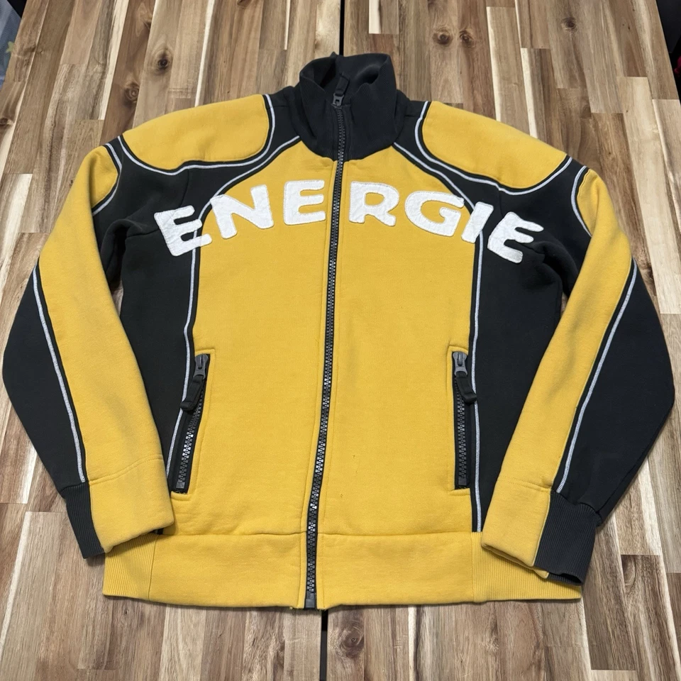 Chaqueta Energie De Colección Para Hombres XL Amarilla Espalda Cascos Locos Motociclista Delgada Cremallera Y2K Foto 1 de 4