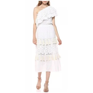 MISA Eyelet Dress White Tassel Clea One Shoulder Stufen Midi Size M - Bild 1 von 9