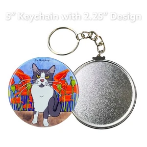 Black and White Tuxedo Cat Poppy Flower Cartoon Art Keychain Accessories Gifts - Picture 1 of 12