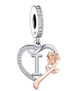 LETTER I NAME INITIAL HEART & ROSE DANGLE CHARM 💜 GENUINE 925 STERLING SILVER - Picture 1 of 9