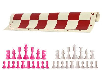 Piezas de ajedrez rosa y blanco y tablero de vinilo rojo de 20" - Juego de ajedrez de triple peso Foto 1 de 4