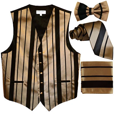 New Men's stripes Tuxedo Vest Waistcoat & necktie & Bow tie & Hankie Mocca black - Image 1 of 4