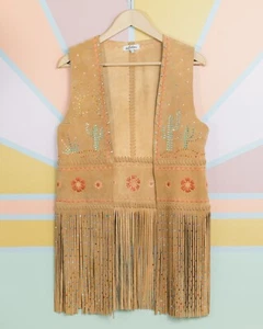 Upcycled Lenni the Label Tan Suede Fringe Western Vest w Rhinestones - Picture 1 of 8