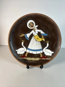 Greek Handmade Pottery Plate Wall Woman Feeding Geese Made in Greece From 80’s - Picture 1 of 9