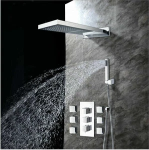 22"Rain Rectangle Chrome Shower Kit Wall Mounted 6 Body Massage Spray Jet Shower - Picture 1 of 12