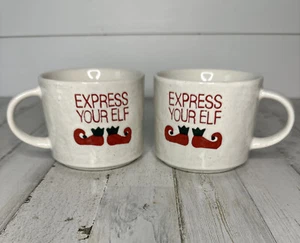 Set Of 2  3.5” Crate & Barrel EXPRESS YOUR ELF  Ceramic Mugs Holiday - Picture 1 of 4