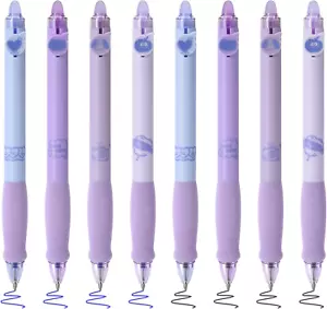 8 Pcs Cute Retractable Erasable Gel Pens Blue & Black Ink with Eraser Purple - Picture 1 of 12