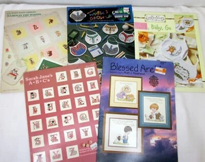 Lot 5 Vintage Cross Stitch Pattern Booklets Baby Bibs Babes in the Woods ABCs - Picture 1 of 3