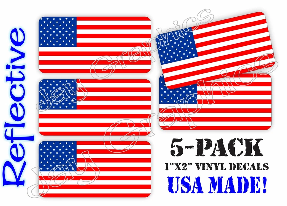 5-pcs Mini REFLECTIVE American Flags Hard Hat Stickers / Vinyl USA Flag Decals