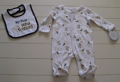 Koala Kids 2 Pc My First New Year Black Gold LS Footed Sleeper Pajamas Bib 0-3M - Image 1 of 4