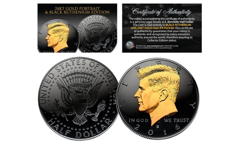 BLACKOUT EDITION 2016 JFK Half Dollar Coin BLACK RUTHENIUM w/ 24K Gold (D MINT) Cover