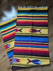 Vintage Serape Mexican Blanket Saltillo Southwestern Fish Design 84 x 48in Throw - Picture 1 of 6