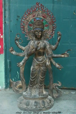 42" Antigua Dinastía Púrpura Bronce Dorado Pintura 8 Brazos GuanyIn KwanYin Buda Estatua Foto 1 de 4